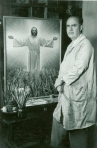 Christian Artist Ralph Pallen Coleman in front of religious painting Jesus Calls Us
